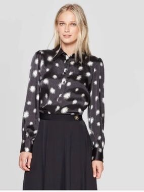 Who What Wear Black & Ivory Dandelion Dots Silky Satin Blouse, Size Small